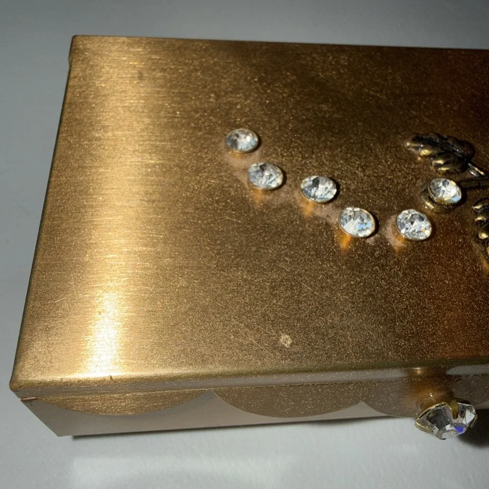 Vintage Mini Brass Jewelry Box with Rhinestones And Mirror 4.0 X 2.5 X 1.25